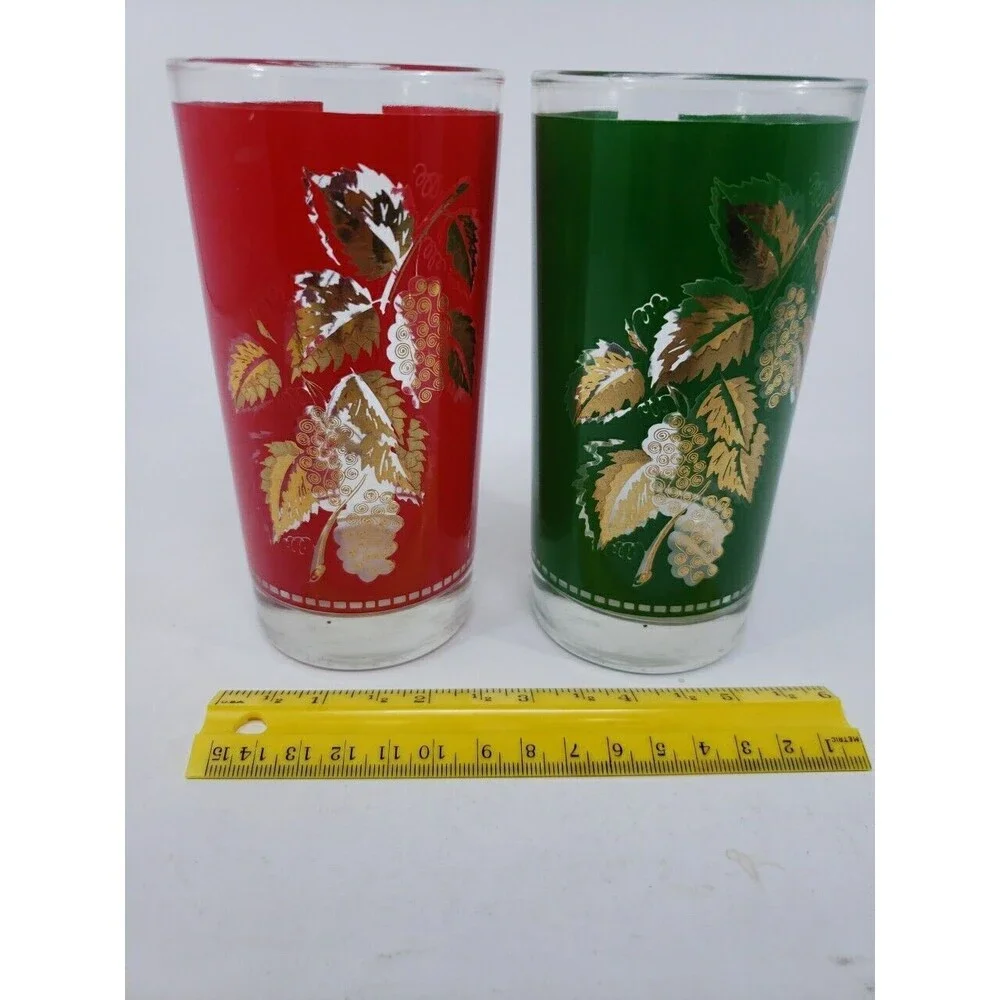 Vintage Libbey Grape Leaf Design Glasses Red Green Gold Christmas 12 oz MCM USA